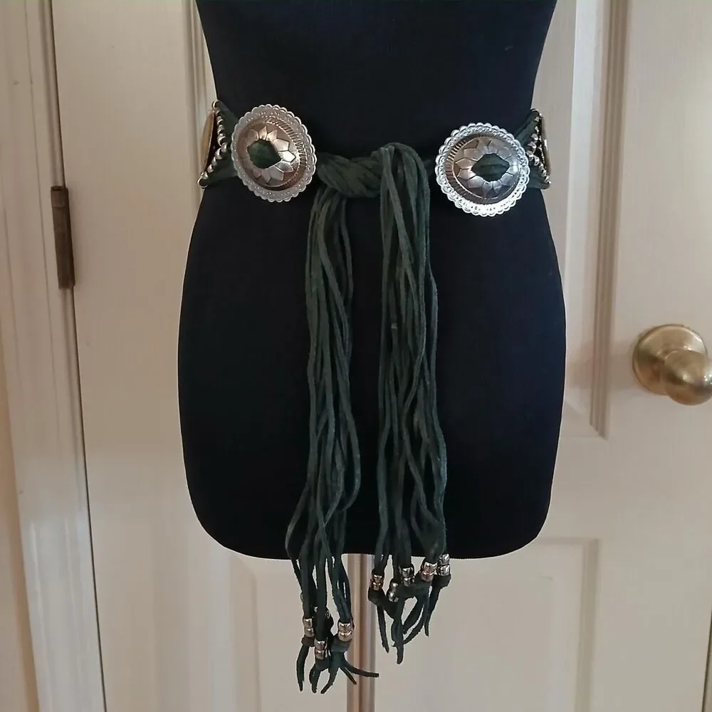 Vintage southwestern style concho belt w silver-tone conchos suede tassel straps - Picture 2 of 7